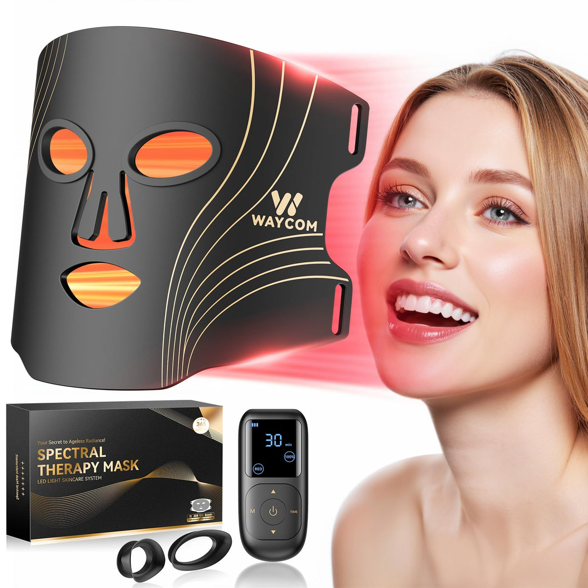 WAYCOM máscara de luz roja para rostro con cobertura total y energía suave.