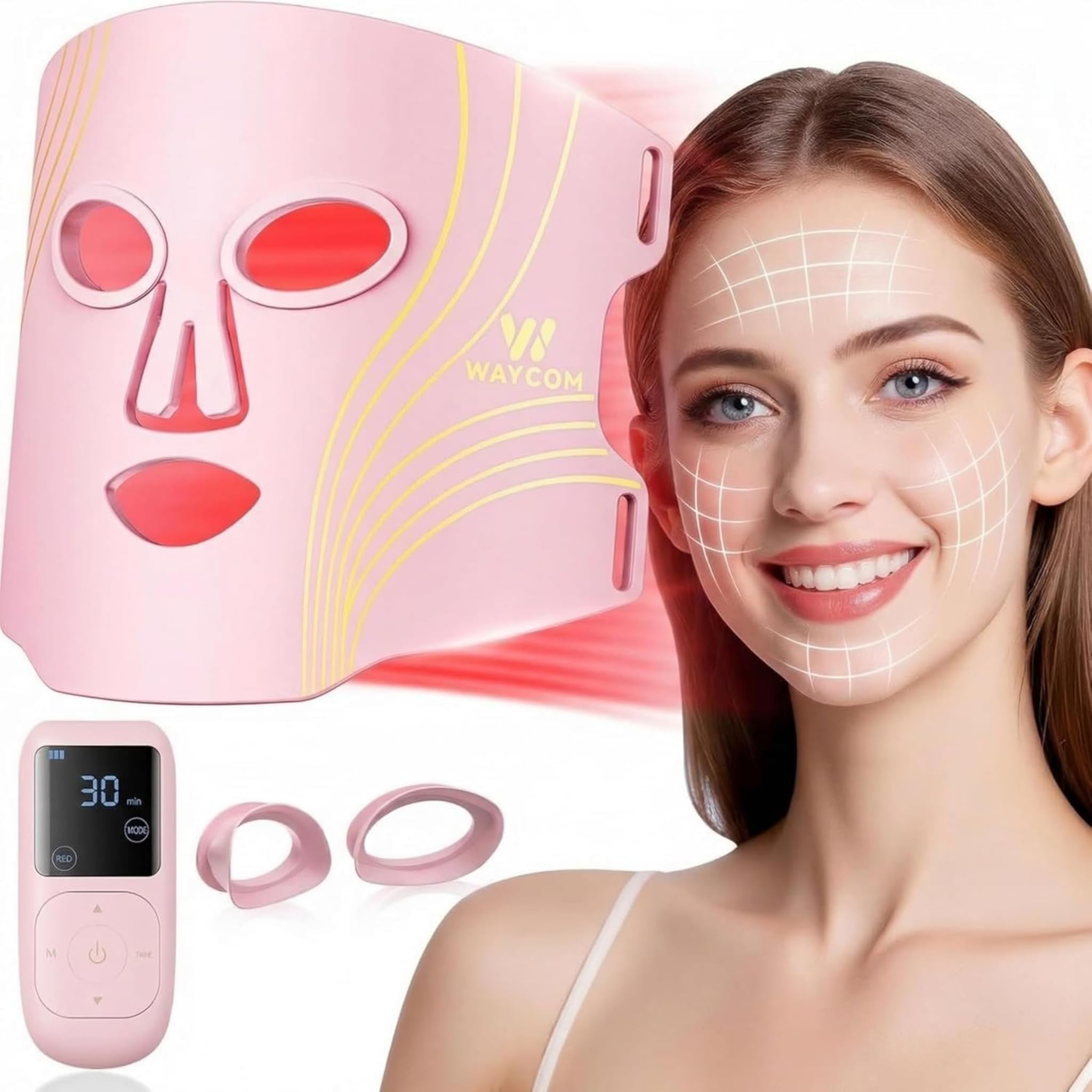 WAYCOM mascarilla luz roja facial para revitalizar la piel en casa.