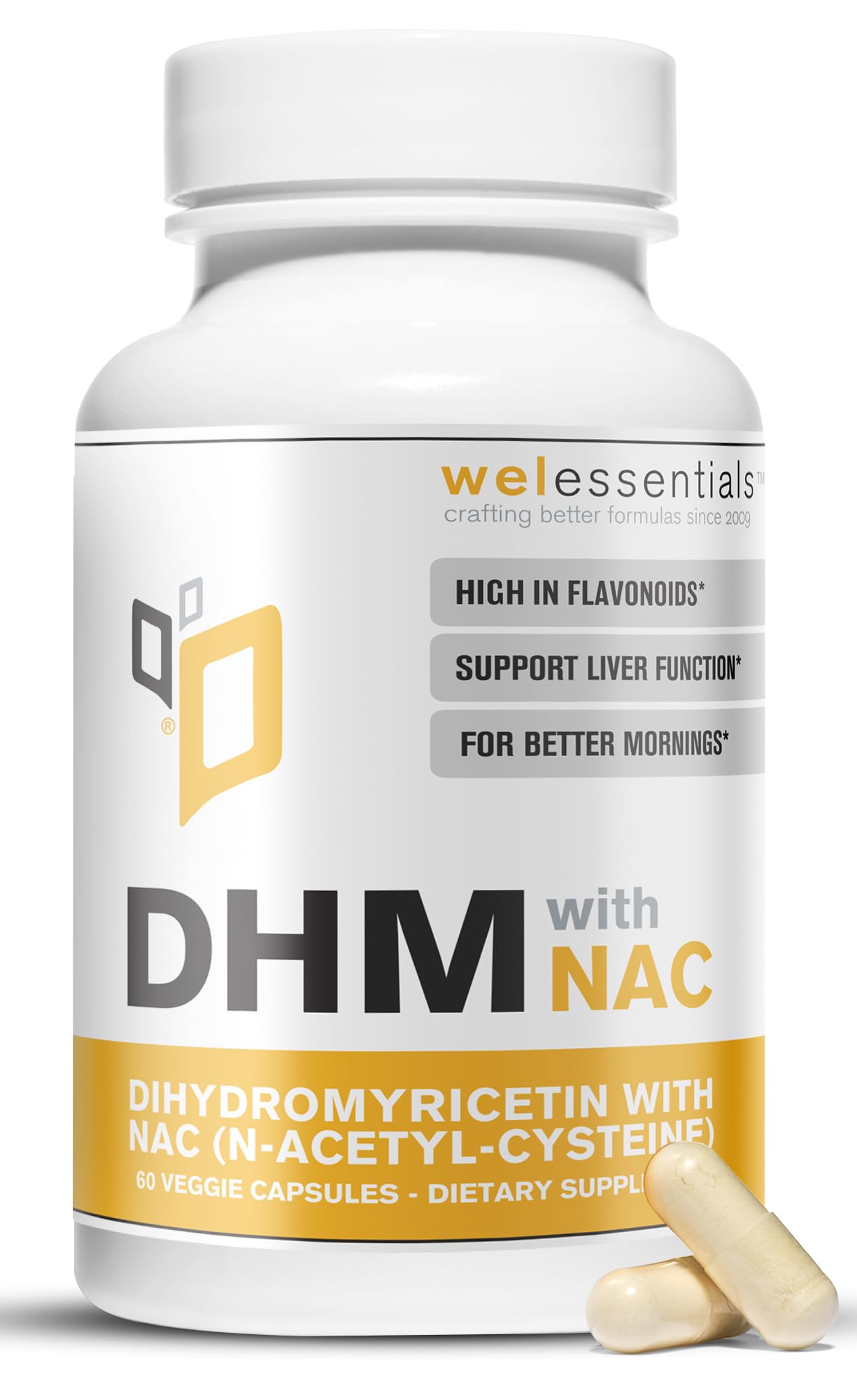 WELESSENTIALS DHM NAC cápsulas: frasco para apoyo general al bienestar diario.