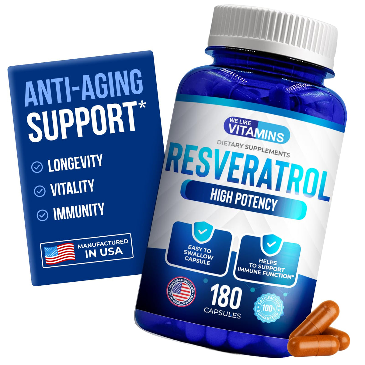 We Like Vitamins Resveratrol: cápsulas veganas en envase para antioxidantes diarios.