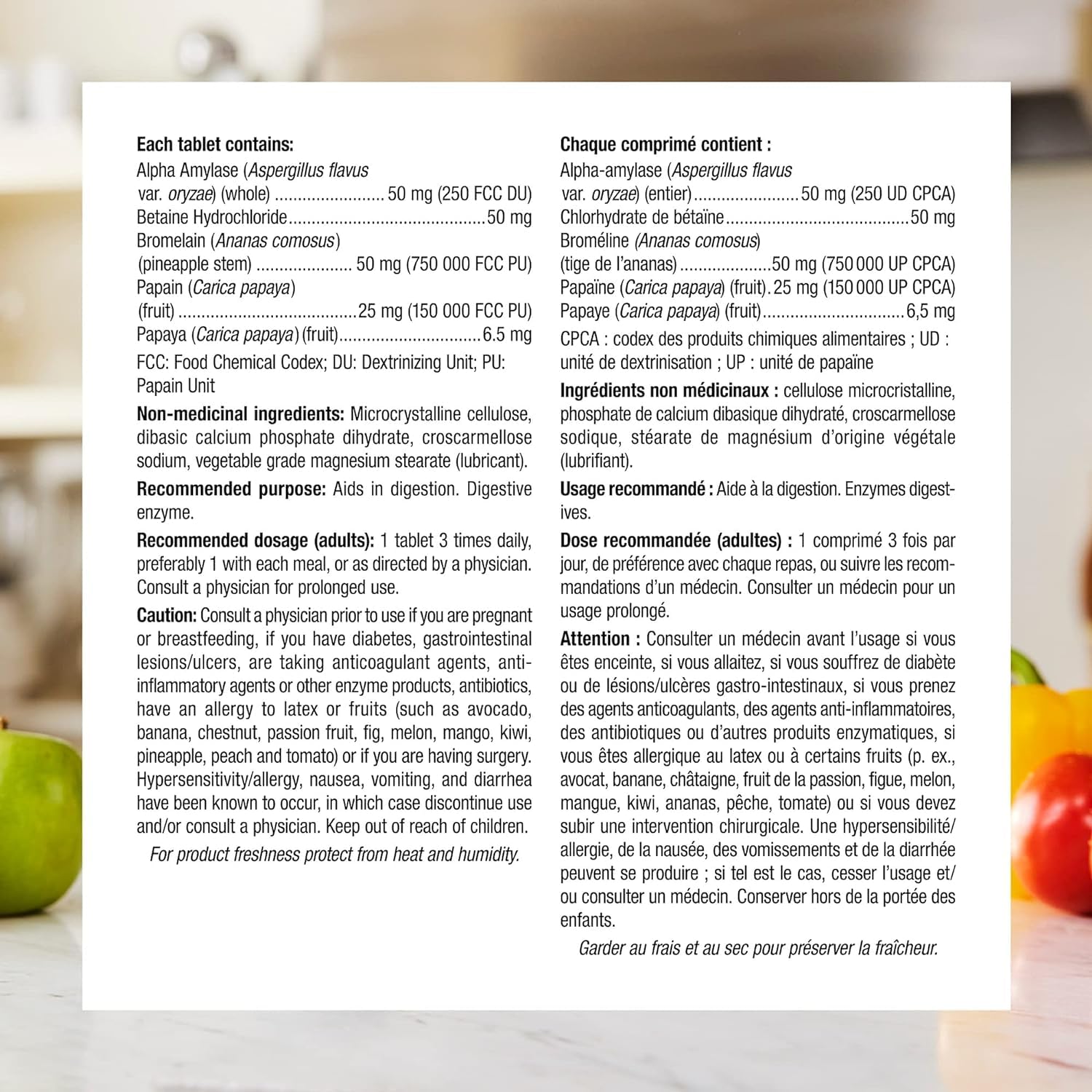 Webber Naturals Enzimas Digestivas, etiqueta de ingredientes, énfasis en proteínas y carbohidratos.