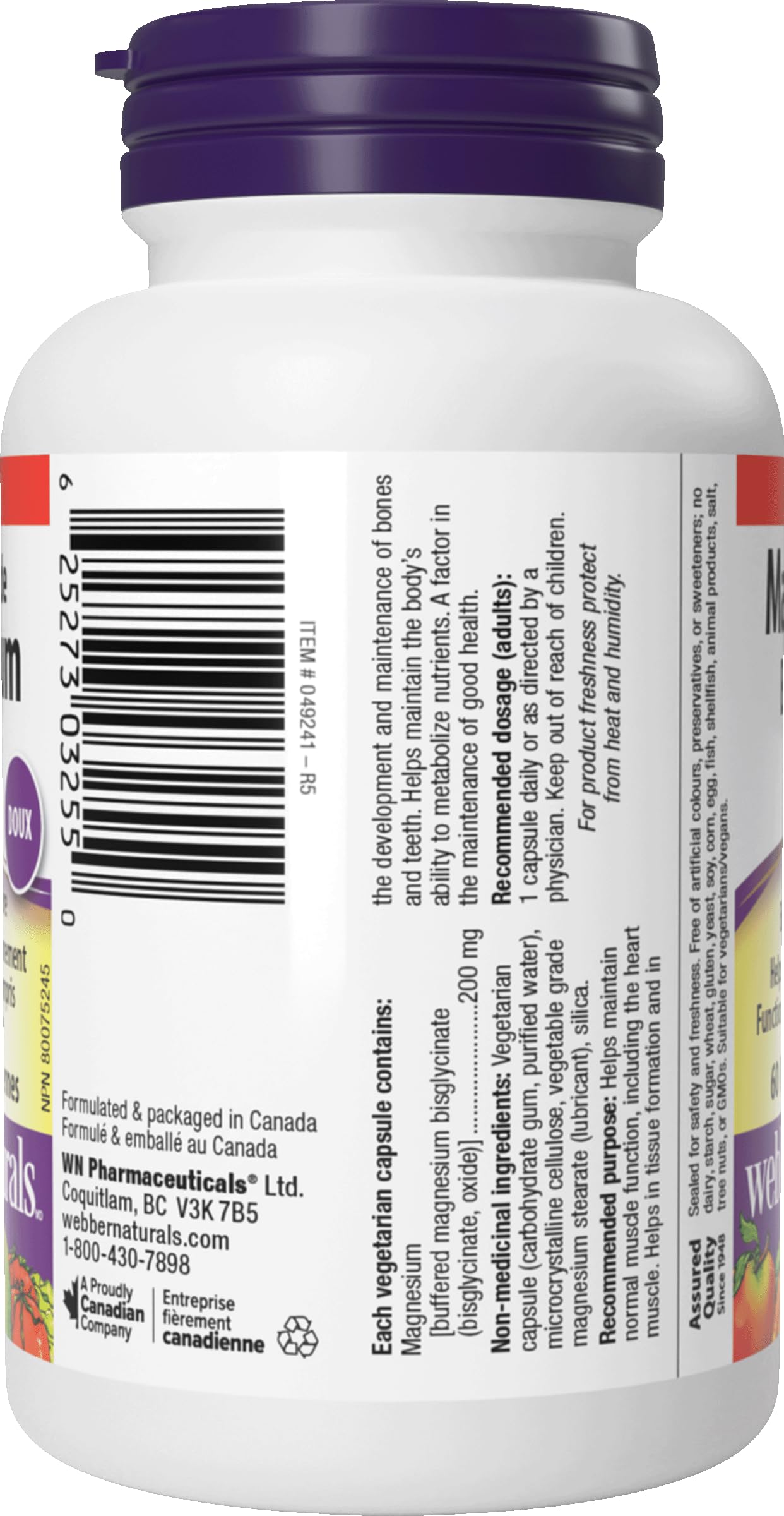 Webber Naturals Magnesium Bisglycinato 200 mg: forma bisglicinato para mayor aprovechamiento.