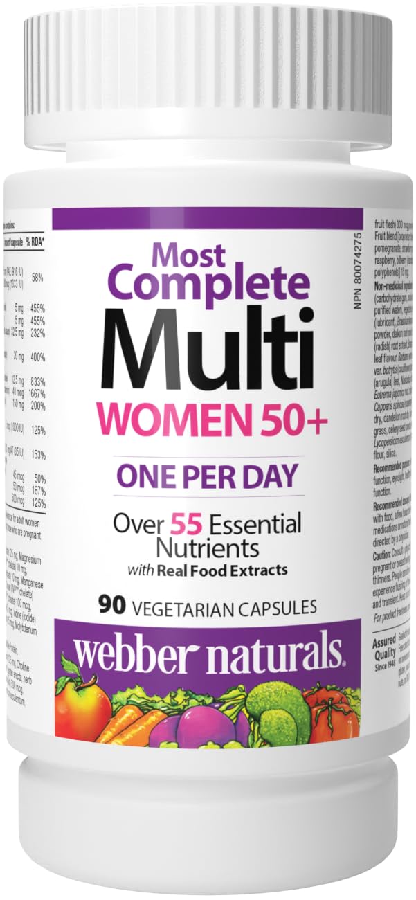 Webber Naturals Múltiple para mujeres 50+ en bote, apoyo diario a huesos y energía.