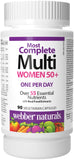 Webber Naturals Múltiple para mujeres 50+ en bote, apoyo diario a huesos y energía.