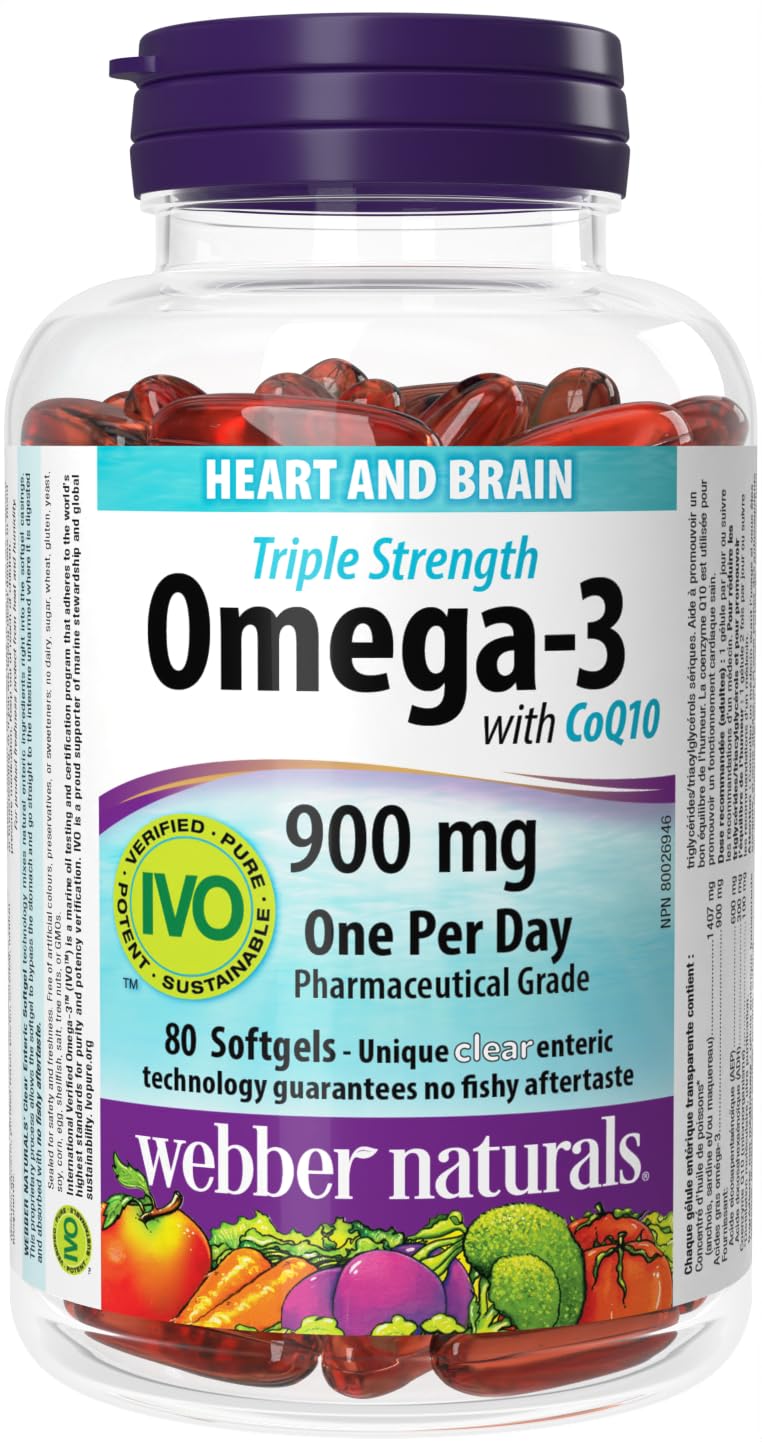 Webber Naturals Omega3 CoQ10 cápsulas, botella, apoyo a la salud cardíaca.