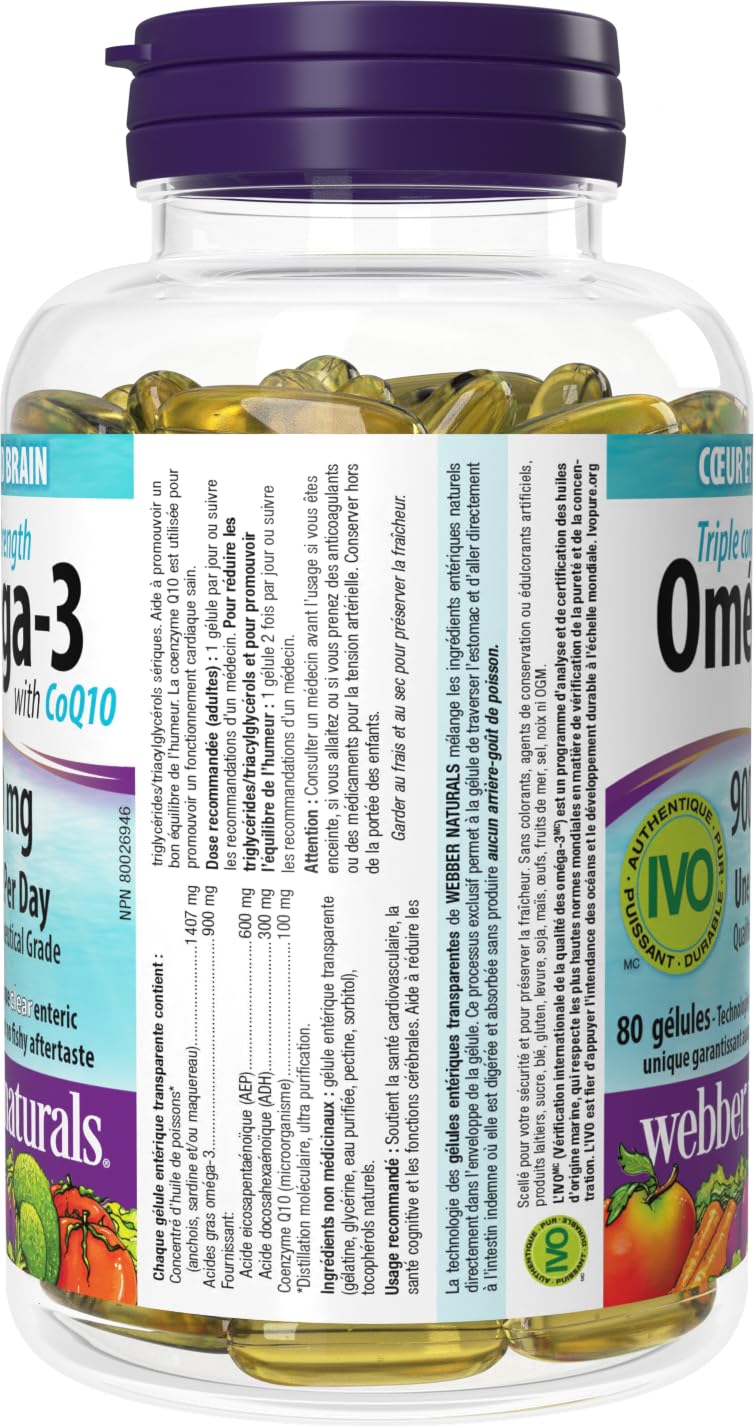 Webber Naturals Omega3, triple acción, cápsulas, soporte a la función cognitiva.