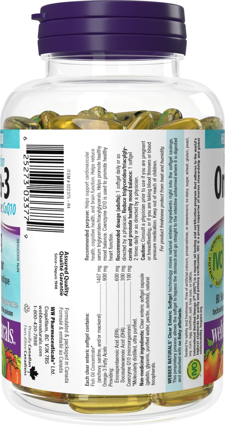 Webber Naturals Omega3 con CoQ10, cápsulas, bienestar cardiovascular general.