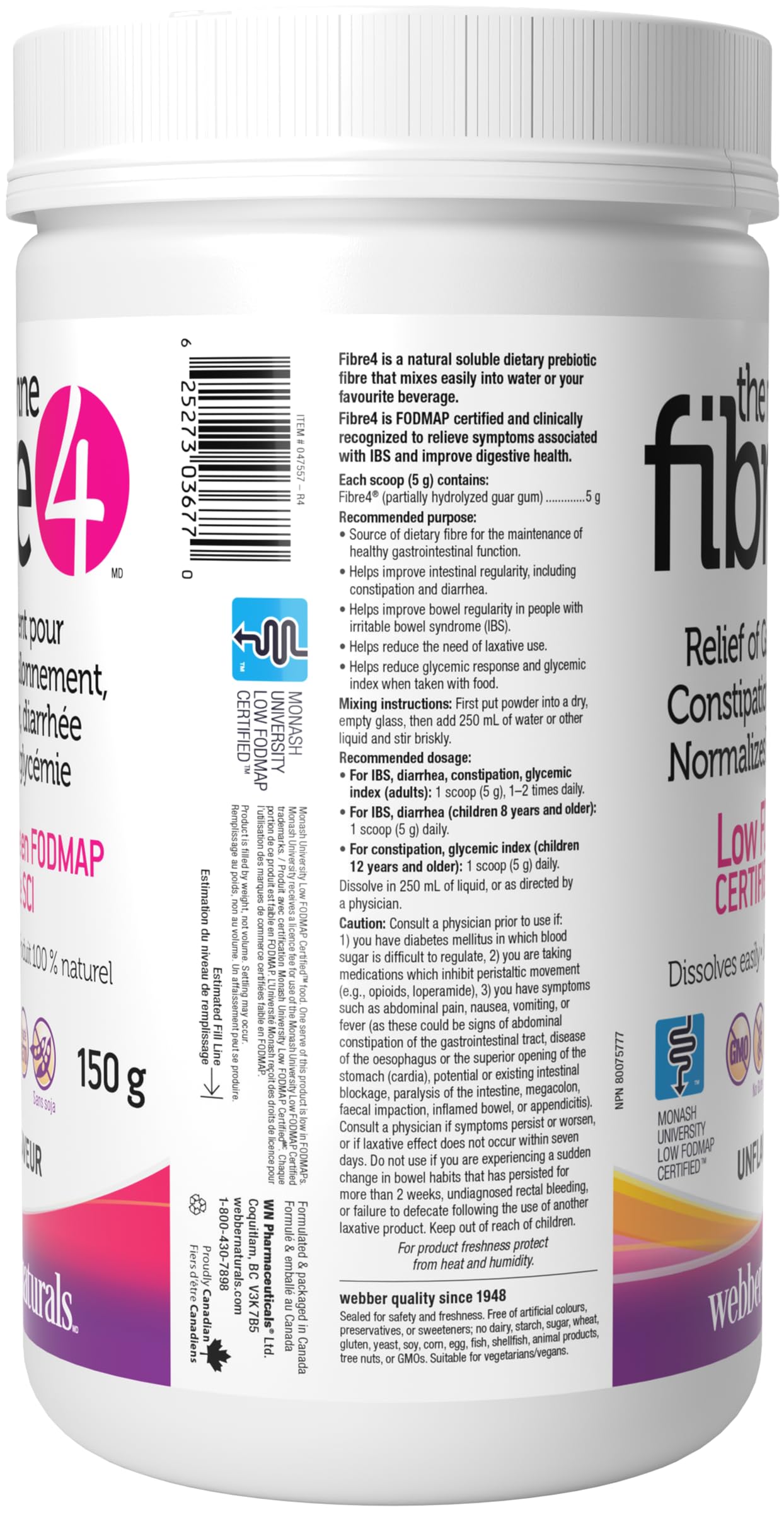 Webber Naturals Fibre4 certificado Low FODMAP por Monash University