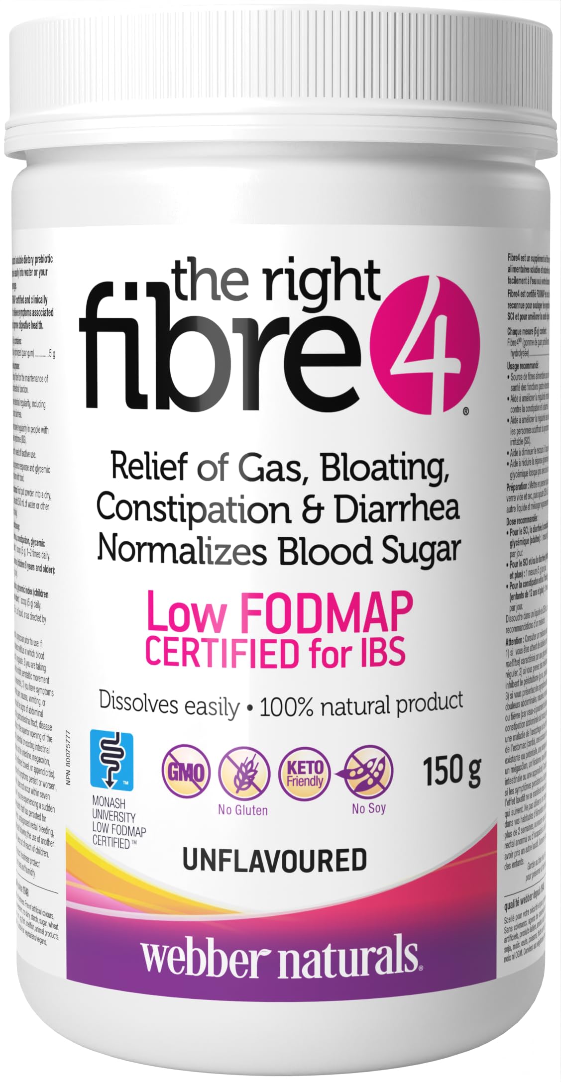Webber Naturals Fibre4 polvo sin sabor para regularidad intestinal