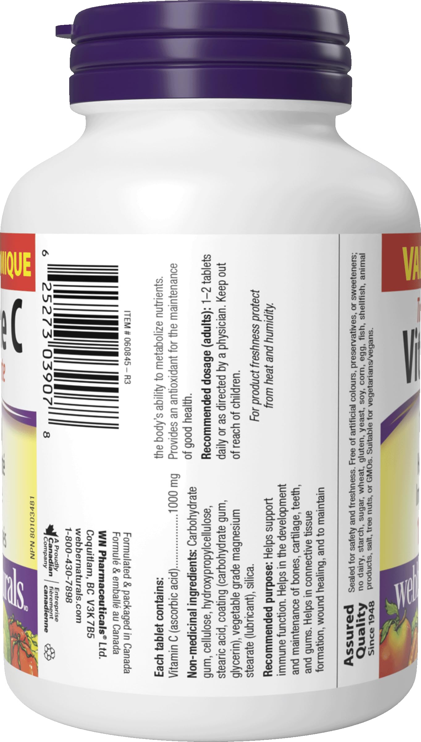 Webber Naturals Vitamina C liberación programada 1000 mg, botella y calendario de dosis diaria.