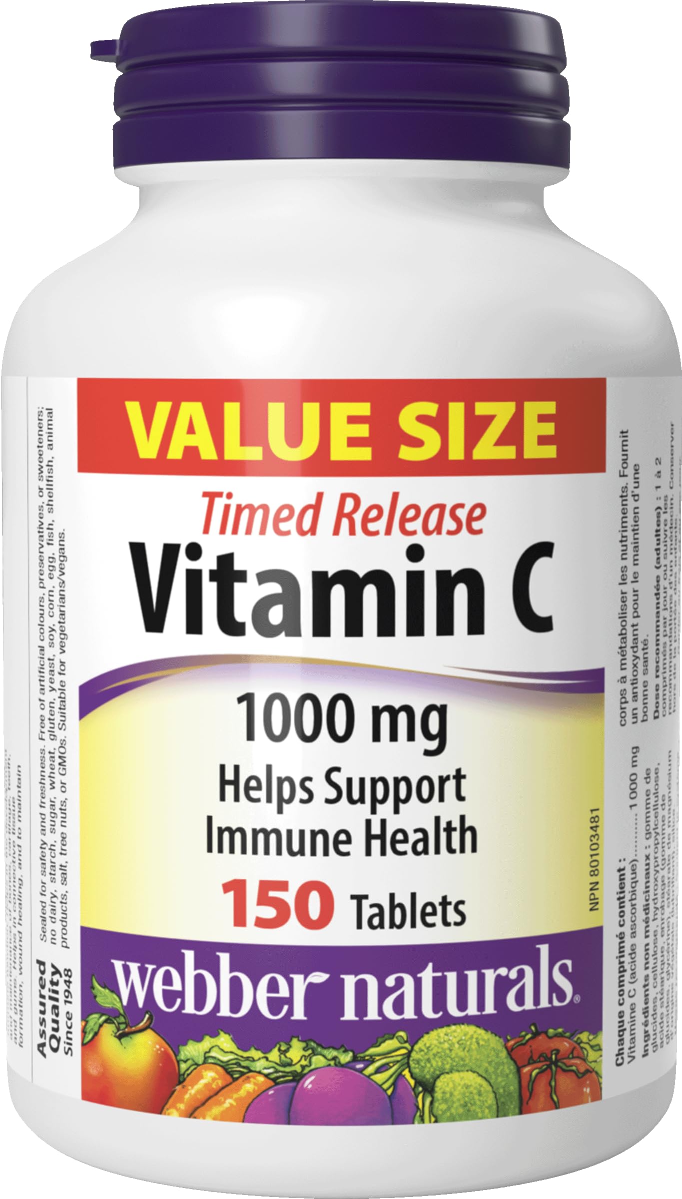 Webber Naturals Vitamina C liberación programada 1000 mg, botella, apoyo al sistema inmune.