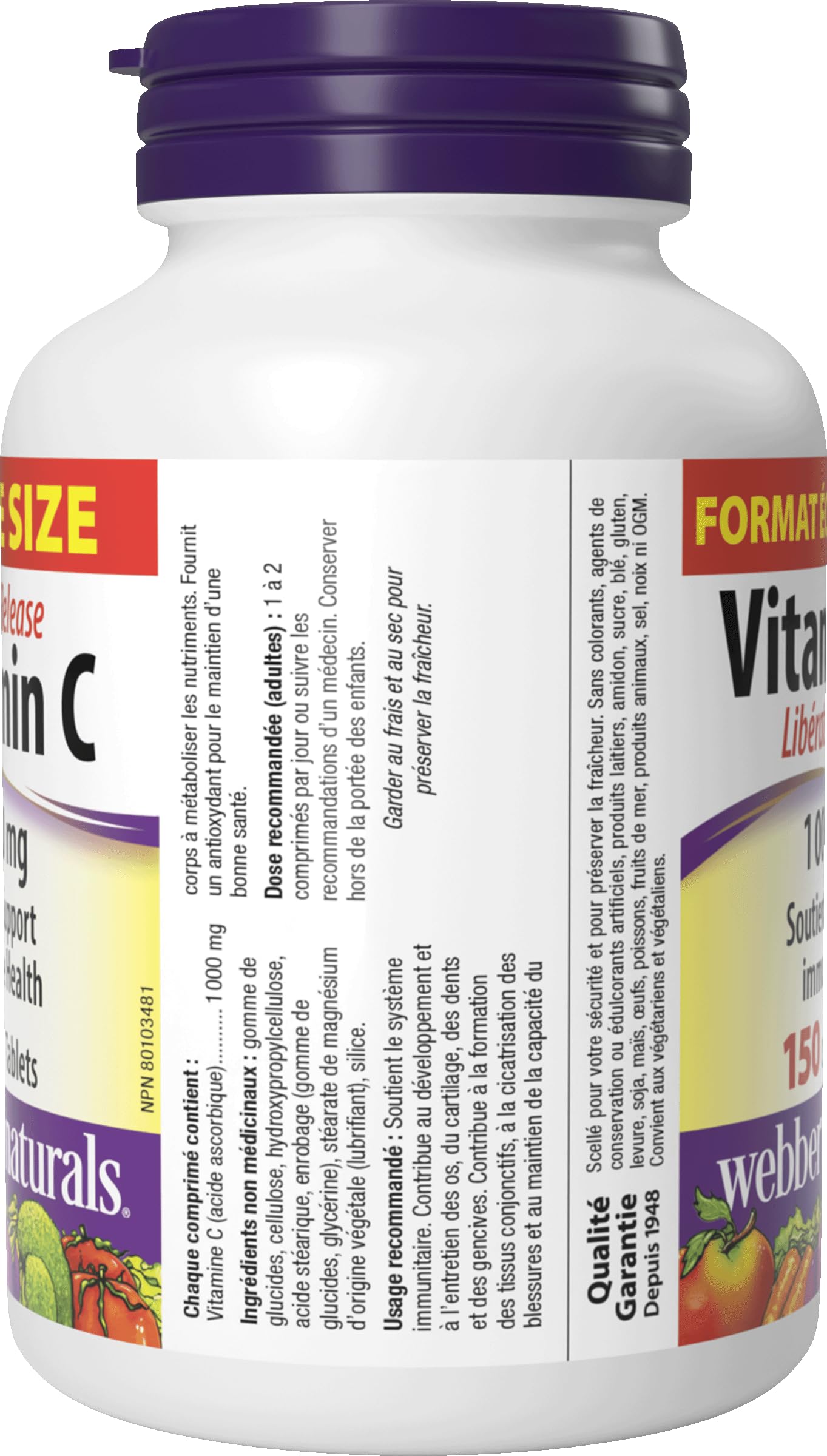 Webber Naturals Vitamina C liberación programada 1000 mg, etiqueta con indicaciones de uso.