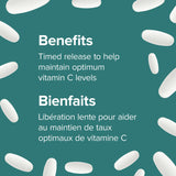 Webber Naturals Vitamina C liberación programada 1000 mg, etiqueta informativa, beneficios potenciales.