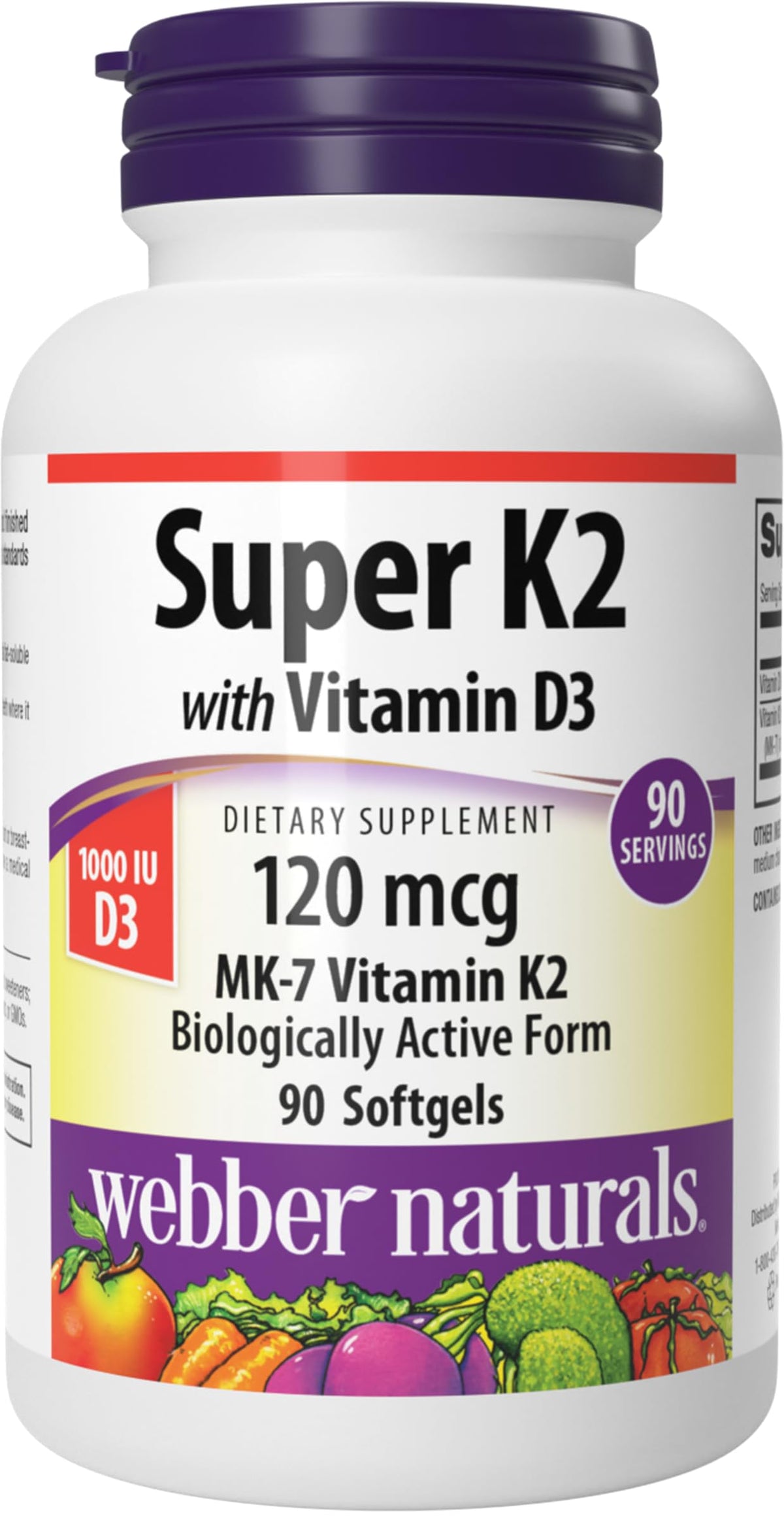 Webber Naturals Vitamina K2 MK-7 120 mcg con D3, cápsulas suaves para huesos fuertes.
