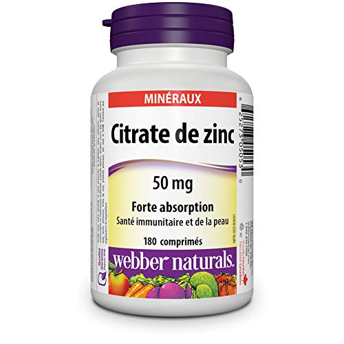 Webber Naturals Zinc Citrate 50 mg, botella dorso, etiqueta y datos