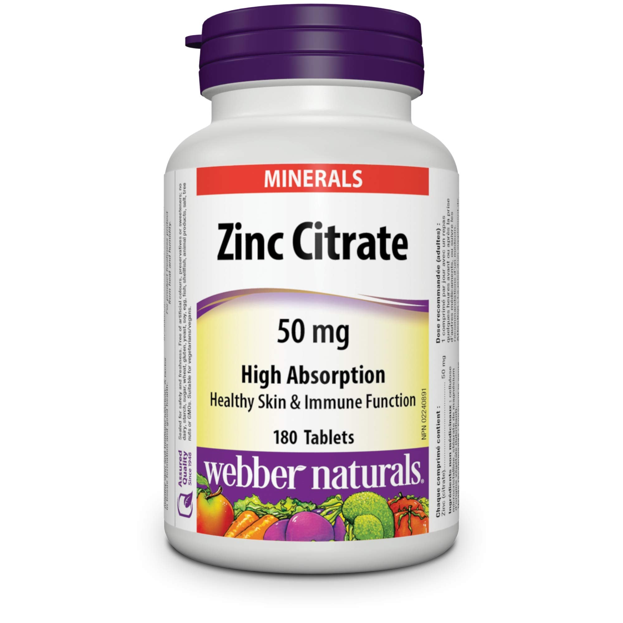 Webber Naturals Zinc Citrate 50 mg, botella frente, soporte al sistema inmunitario