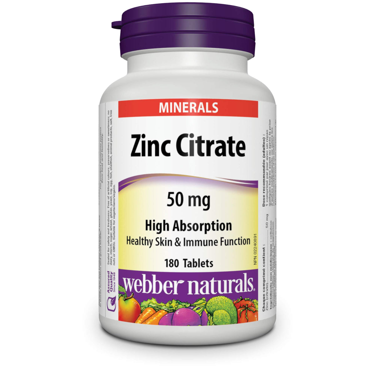 Webber Naturals Zinc Citrate 50 mg, botella frente, soporte al sistema inmunitario