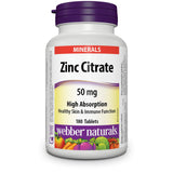 Webber Naturals Zinc Citrate 50 mg, botella frente, soporte al sistema inmunitario