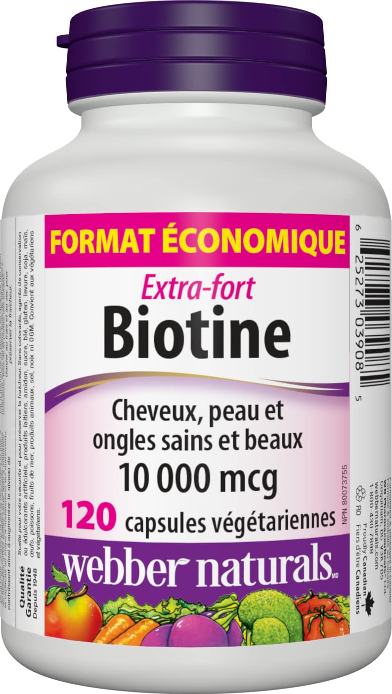 Webber Naturals Biotina 10,000 mcg en cápsulas para energía y metabolismo.