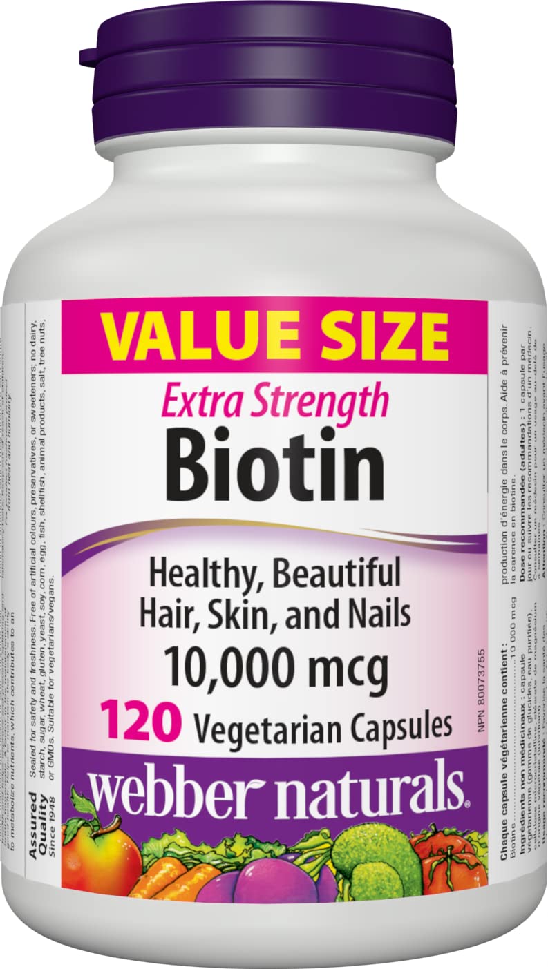 Webber Naturals Biotina de alta potencia en frasco para cabello y uñas saludables.