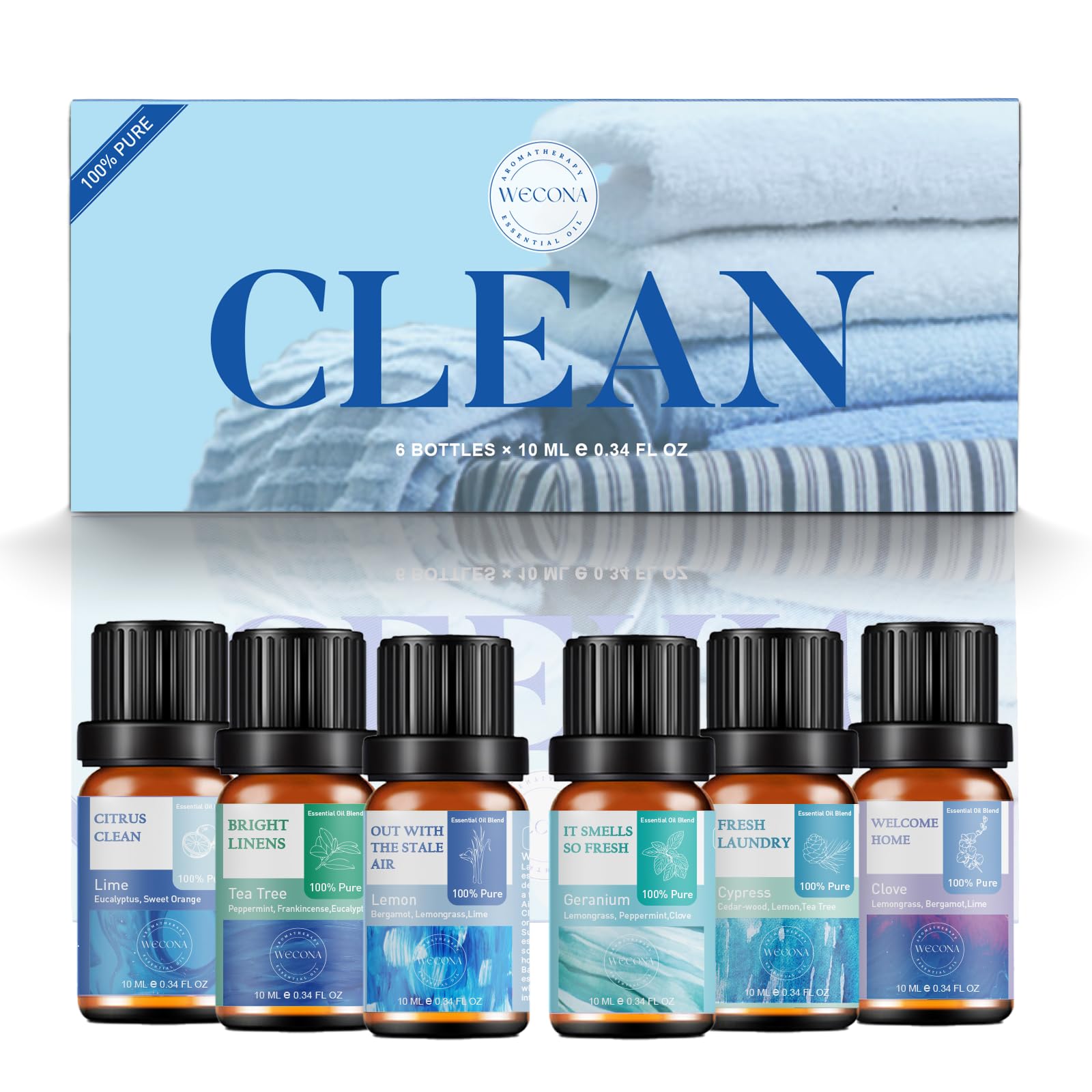 Wecona aceites esenciales lavandería botella: aroma fresco para ropa y hogar.