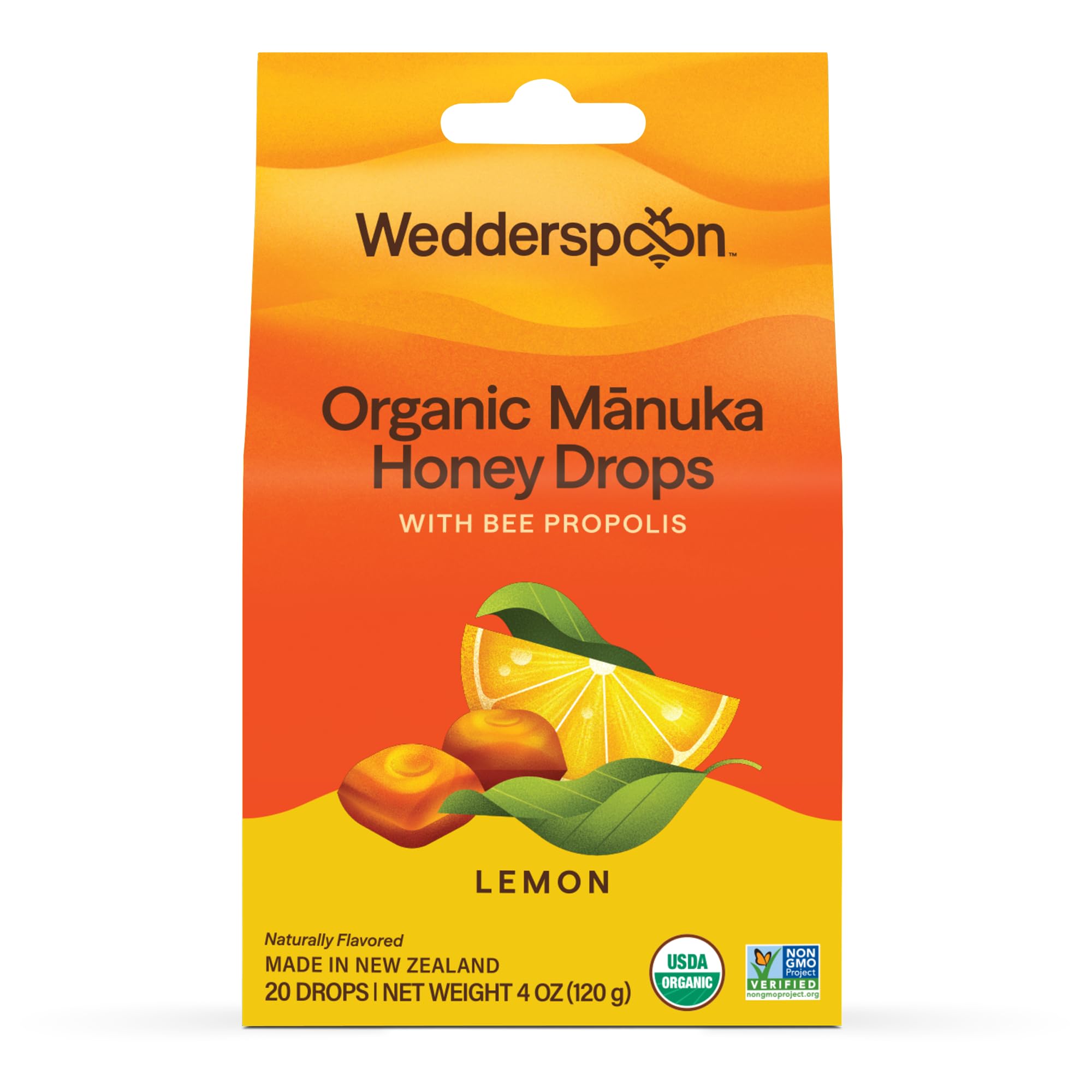 Pastillas Wedderspoon Drops de miel Manuka con limón, suavizan la garganta naturalmente.