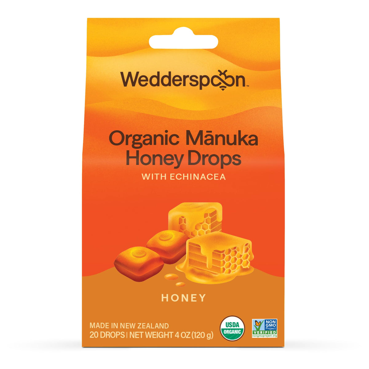 Gotas Wedderspoon Miel Manuka con equinácea en envase, sabor calmante