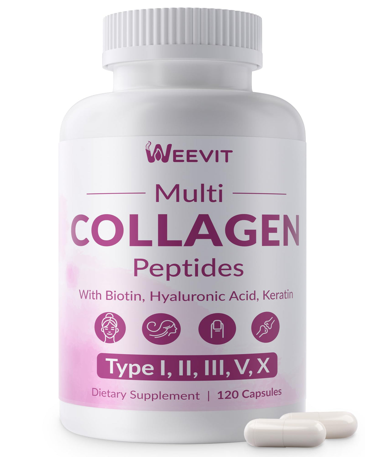 Weevit Collagen en frasco frente, apoyo para piel, cabello y uñas