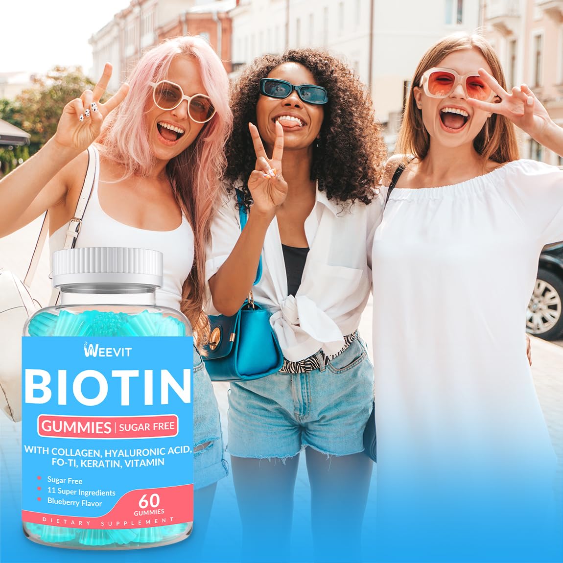 Weevit gomitas biotina-colageno-keratina-hialuronico, combina nutrientes para piel y cabello.