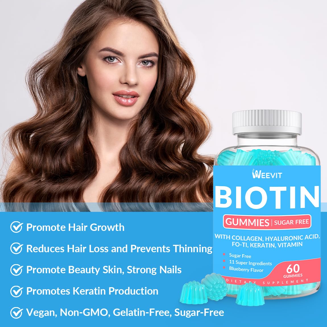Weevit gomitas biotina-collagen-textura, delicadas y sabrosas para cuidado diario.