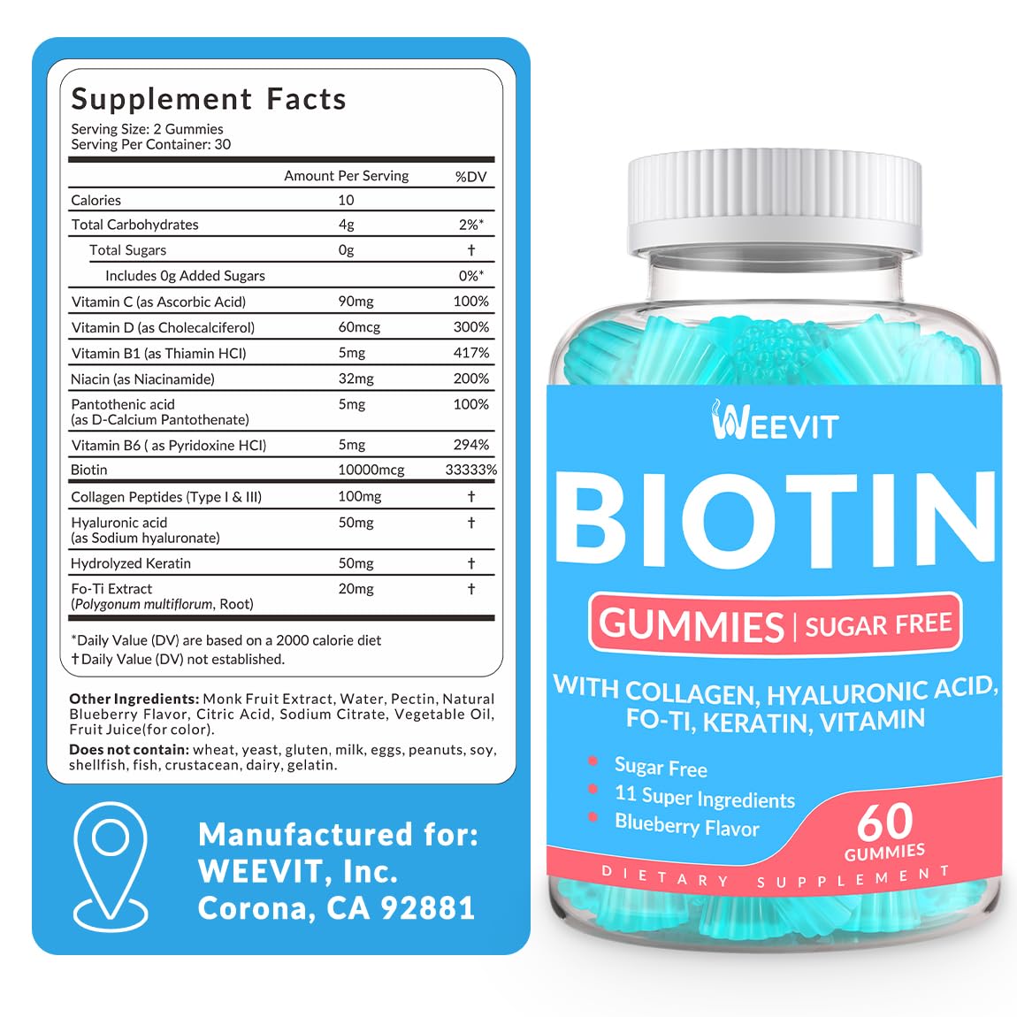 Weevit gomitas biotina-piel-uñas-cabello, potencial para brillo y fortalecimiento.