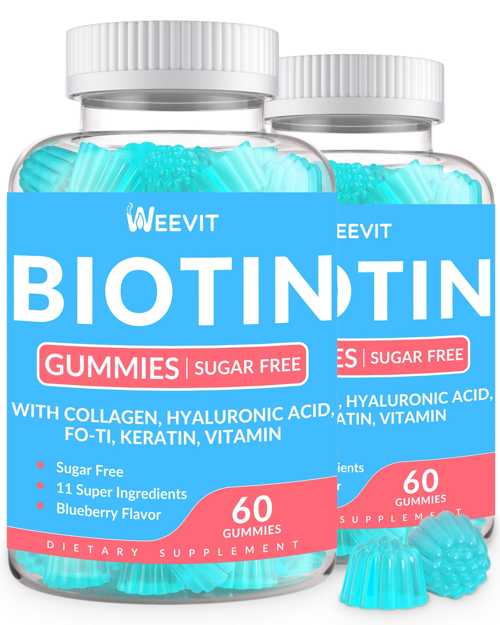 Weevit gomitas biotina sin azúcar en frasco para cabello y uñas saludables.