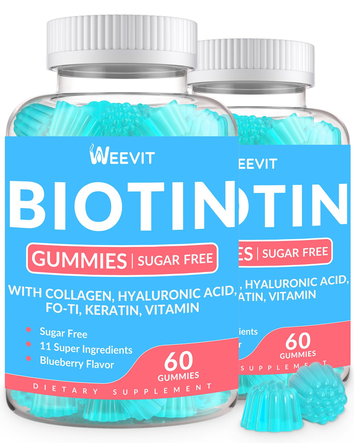 Weevit gomitas biotina sin azúcar en frasco para cabello y uñas saludables.
