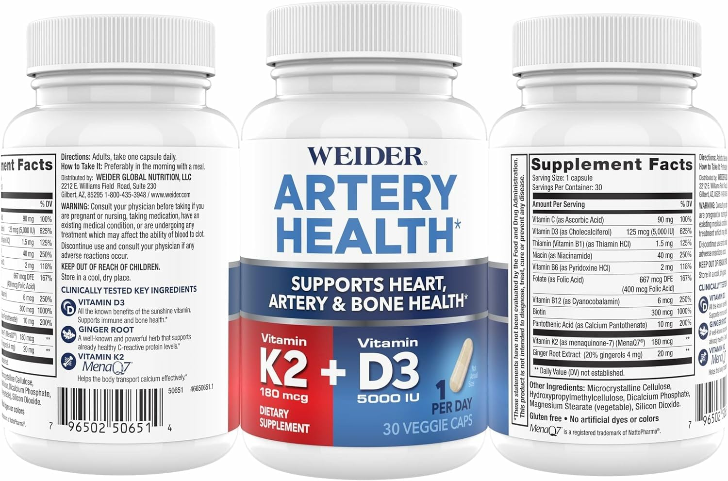 Weider Artery Health ingredientes clave, K2, D3 y jengibre para huesos y vasos.