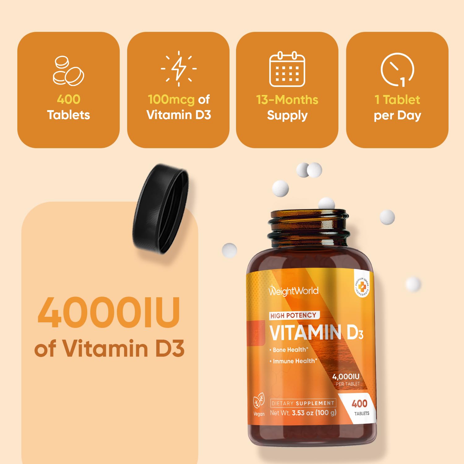Certificado por terceros y sin gluten, WeightWorld D3 4000 UI.