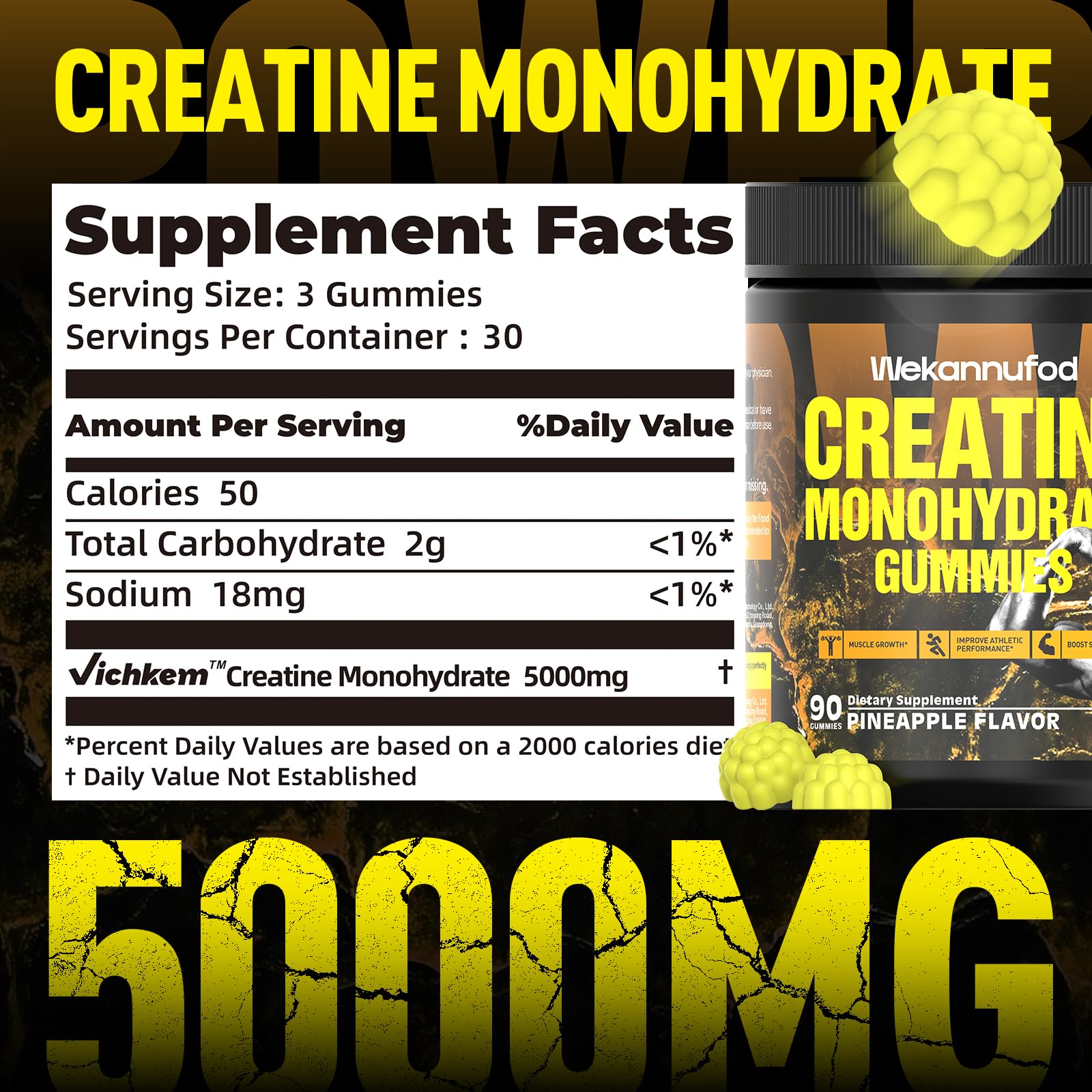 Porción de 5,000 mg de creatina en gomitas Wekannufod para rendimiento
