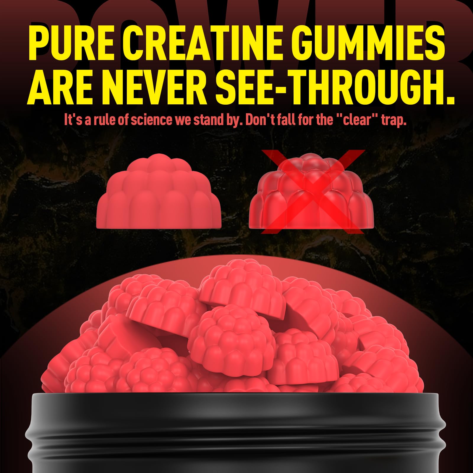 Gomitas de creatina monohidratada de Wekannufod, textura derretida para consumo cómodo.