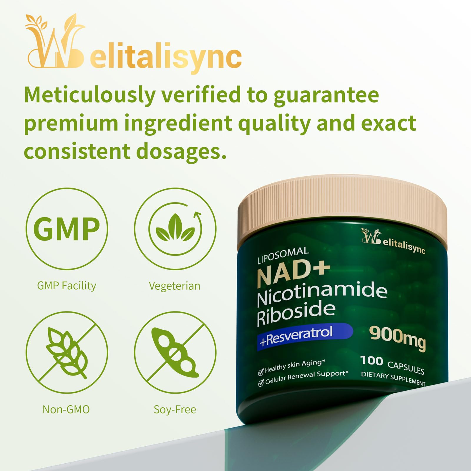 Welitalisync NAD producto vegano, libre de OGM y GMP