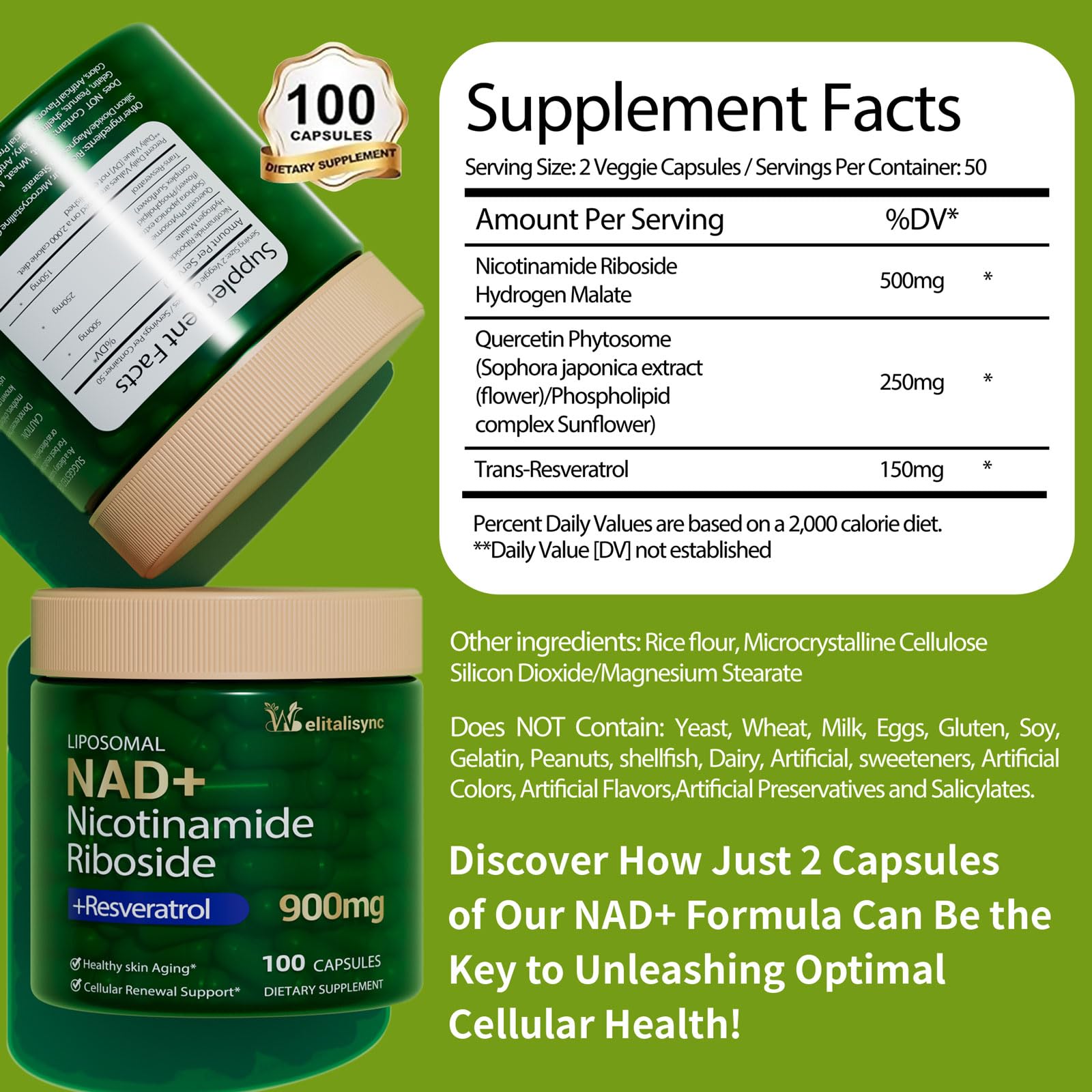 Welitalisync NAD etiqueta detalle, información de ingredientes y pureza