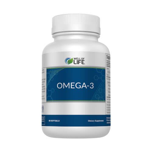 Well of Life Aceite de Pescado Omega-3, botella en primer plano, apoyo potencial para la salud cardíaca.