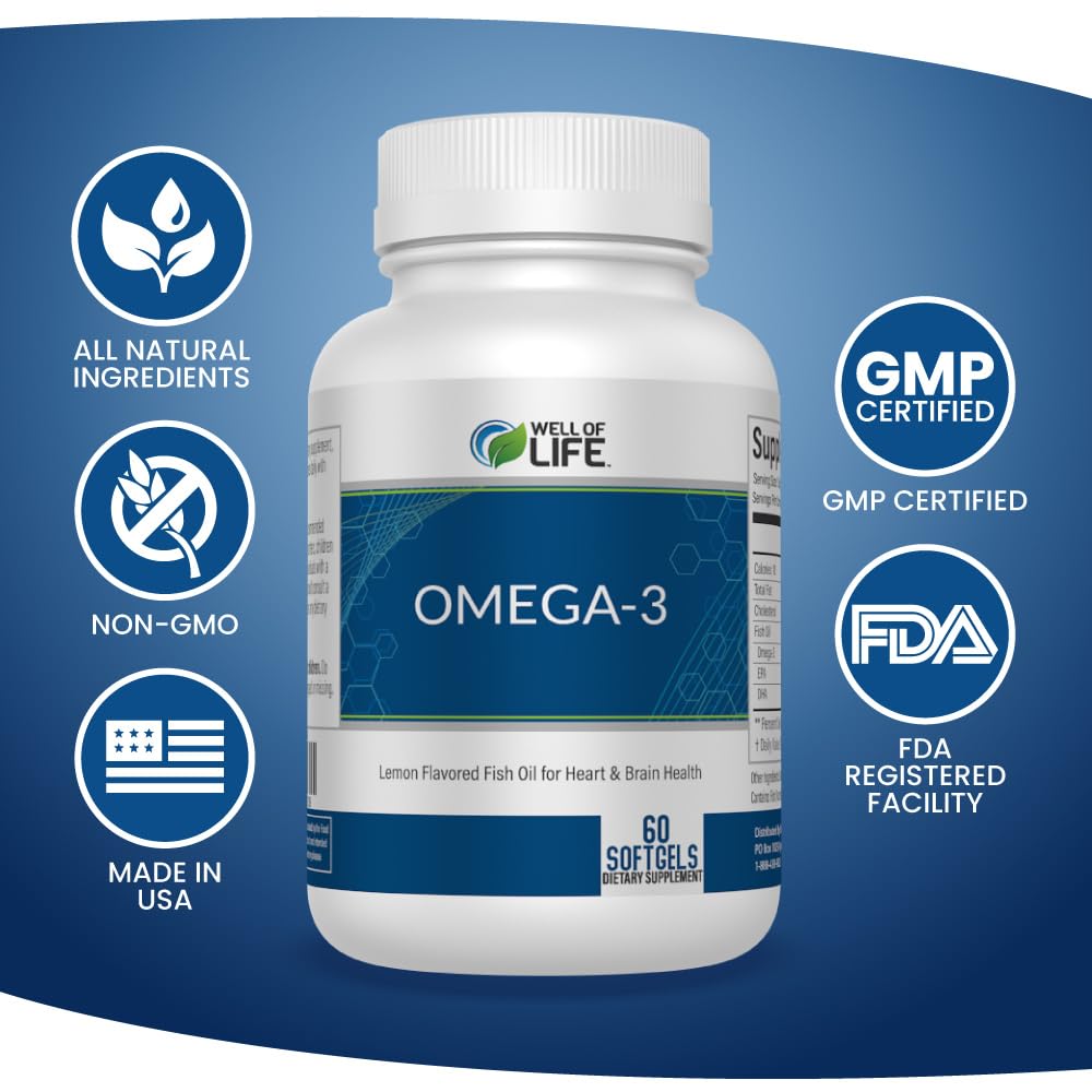 Well of Life Aceite de Pescado Omega-3, envase con sello de pureza y pesca salvaje.