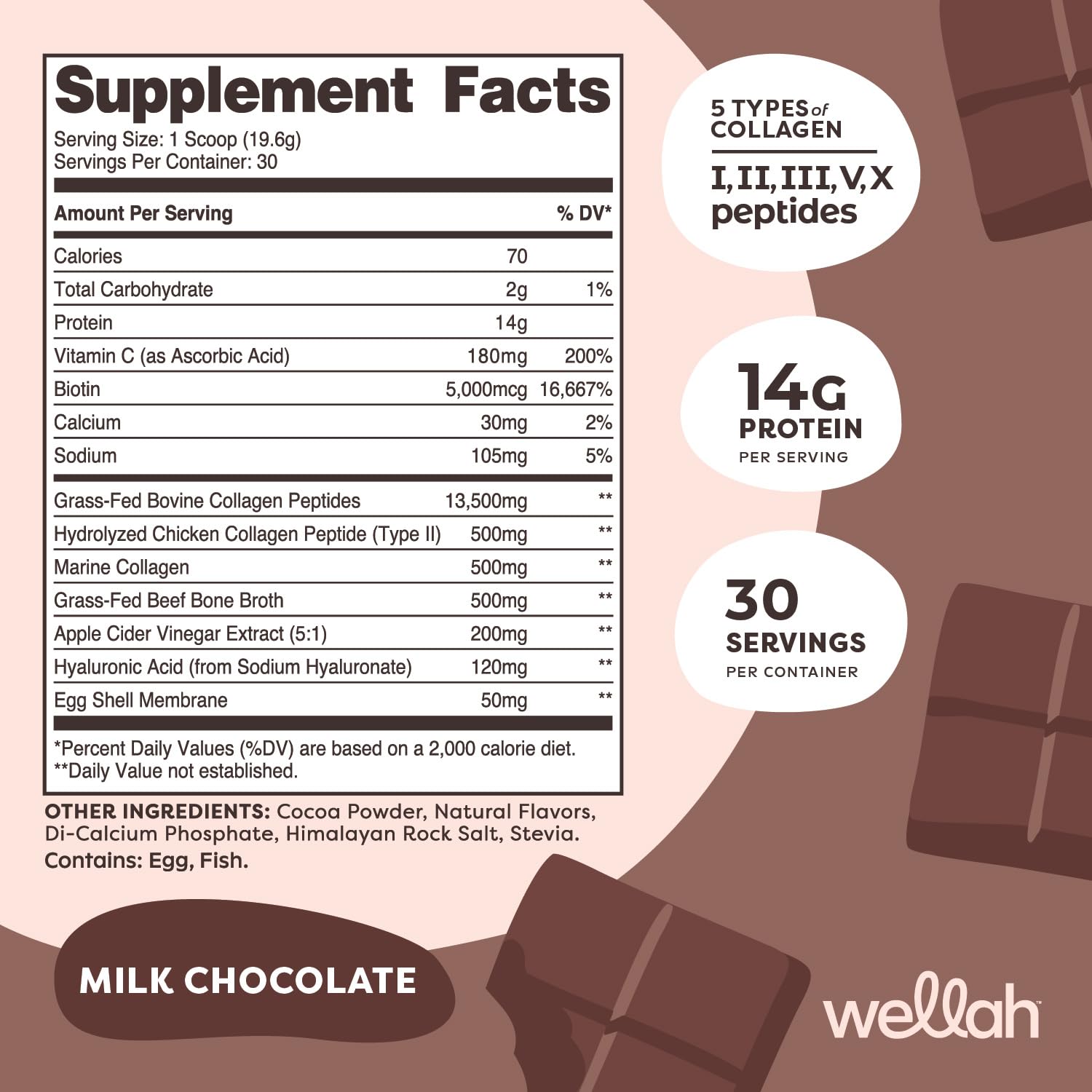 Wellah Afterglow Multi Collagen Chocolate etiqueta, muestra ingredientes y calidad