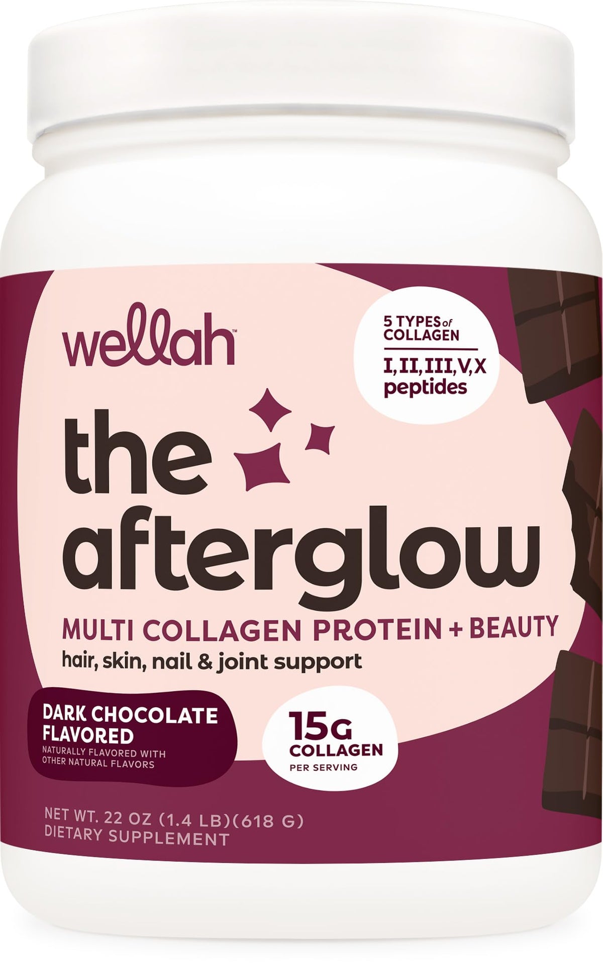 Wellah The Afterglow polvo chocolate oscuro, sabor delicioso para batidos proteínicos diarios
