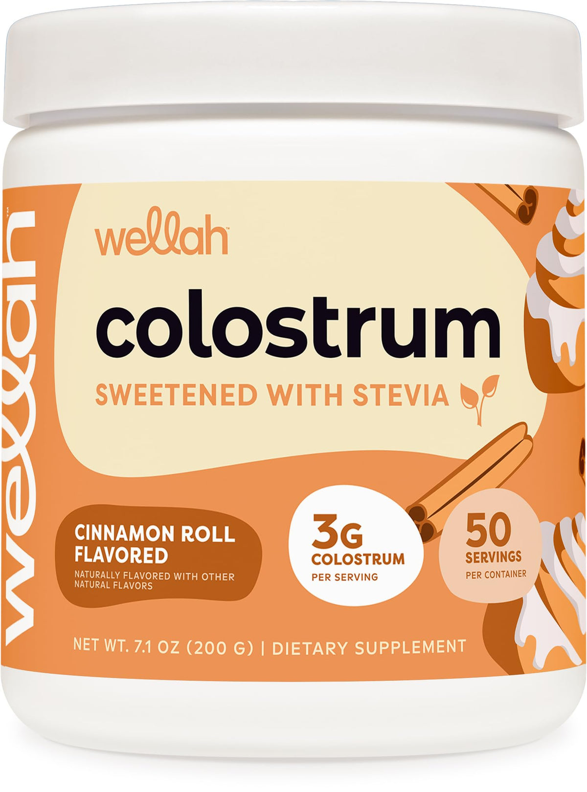 Wellah Colostro Canela Enrollada en envase, sabor agradable para la rutina diaria.