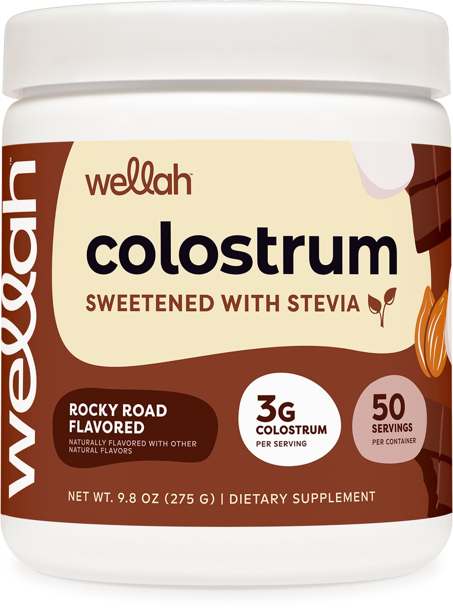Wellah Colostro Rocky Road, bote de 50 porciones para uso diario