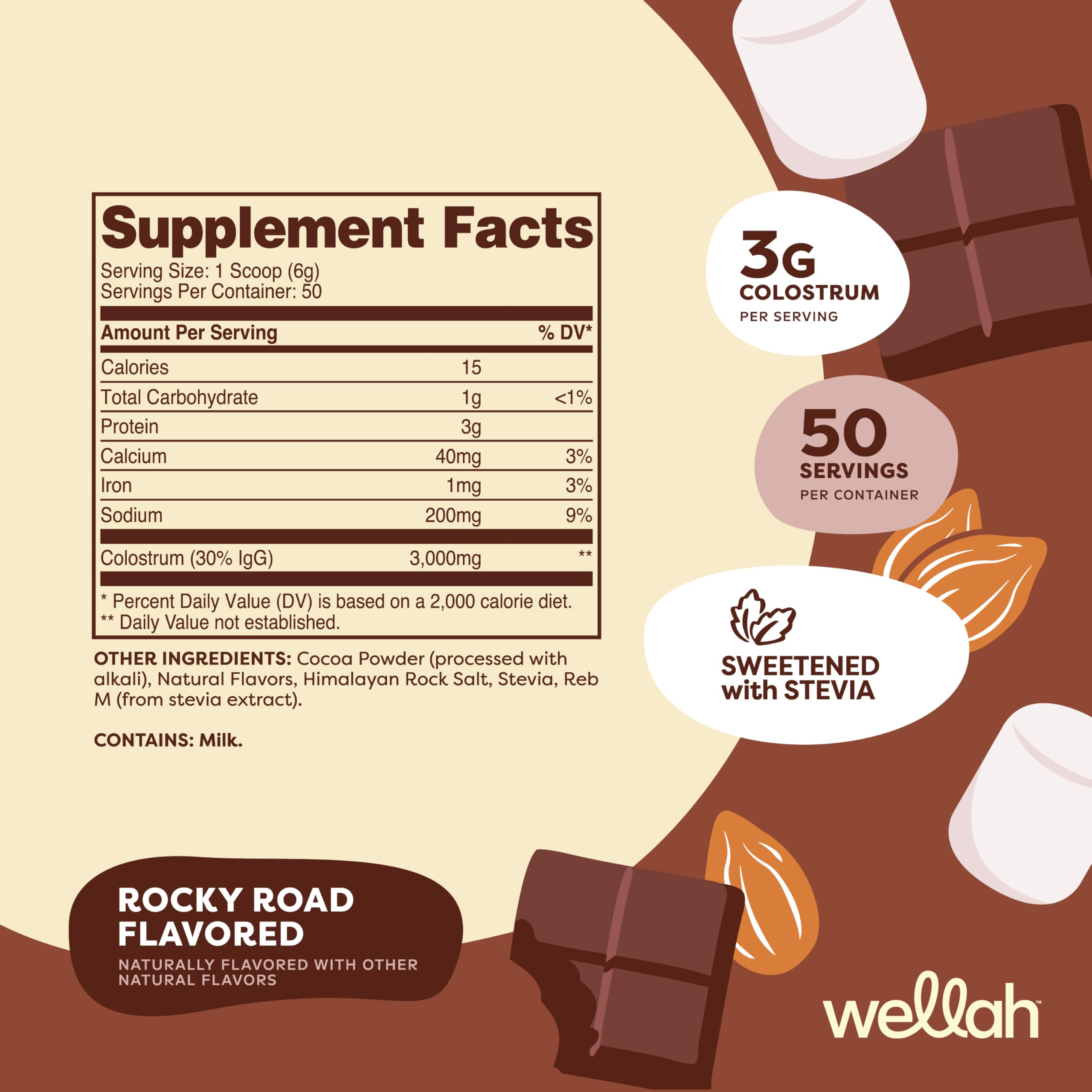 Wellah Colostro Rocky Road, cuchara en vaso para preparación rápida