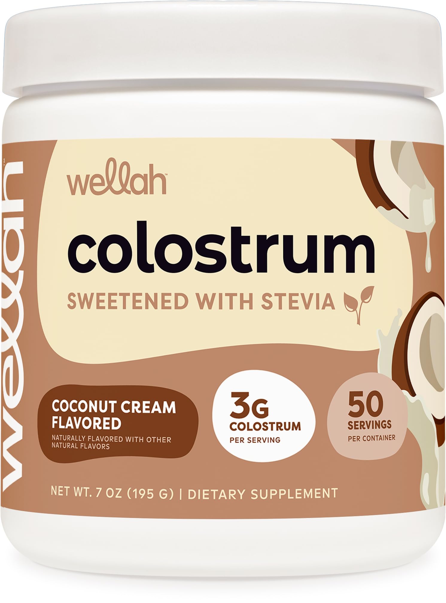 Wellah Colostrum crema de coco, bote, sabor delicioso para bebidas.