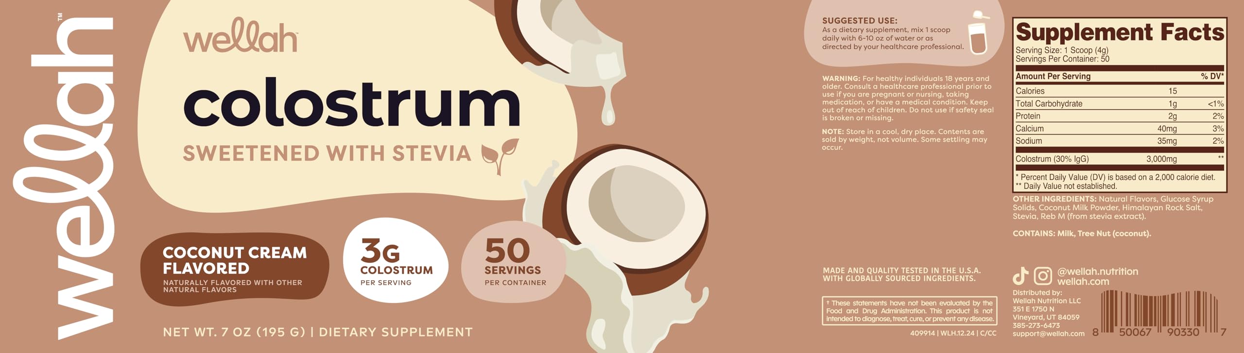 Wellah Colostrum crema de coco, certificaciones NSF GMP, pruebas de calidad.