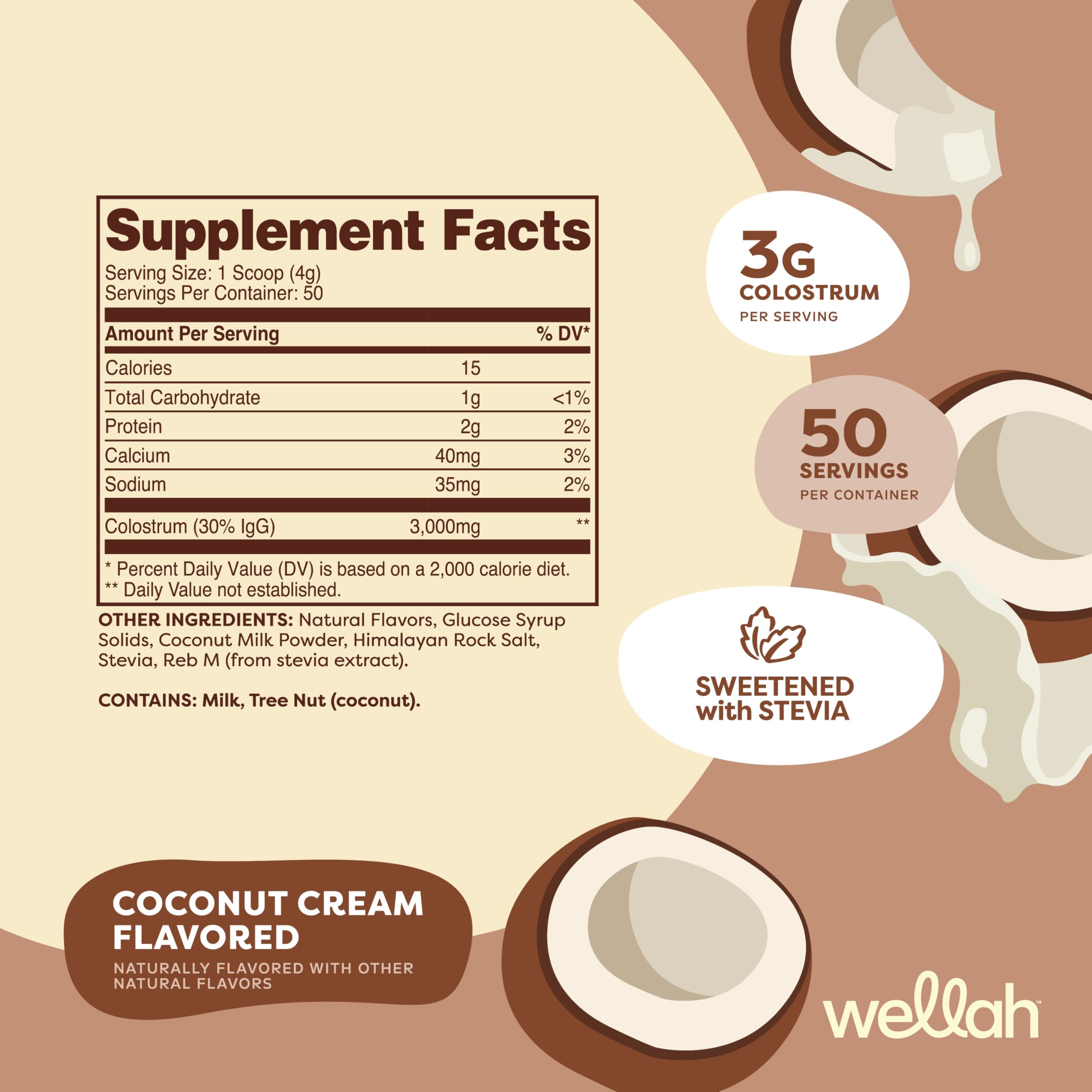 Wellah Colostrum crema de coco, porciones, 3 g por porción para tu día.