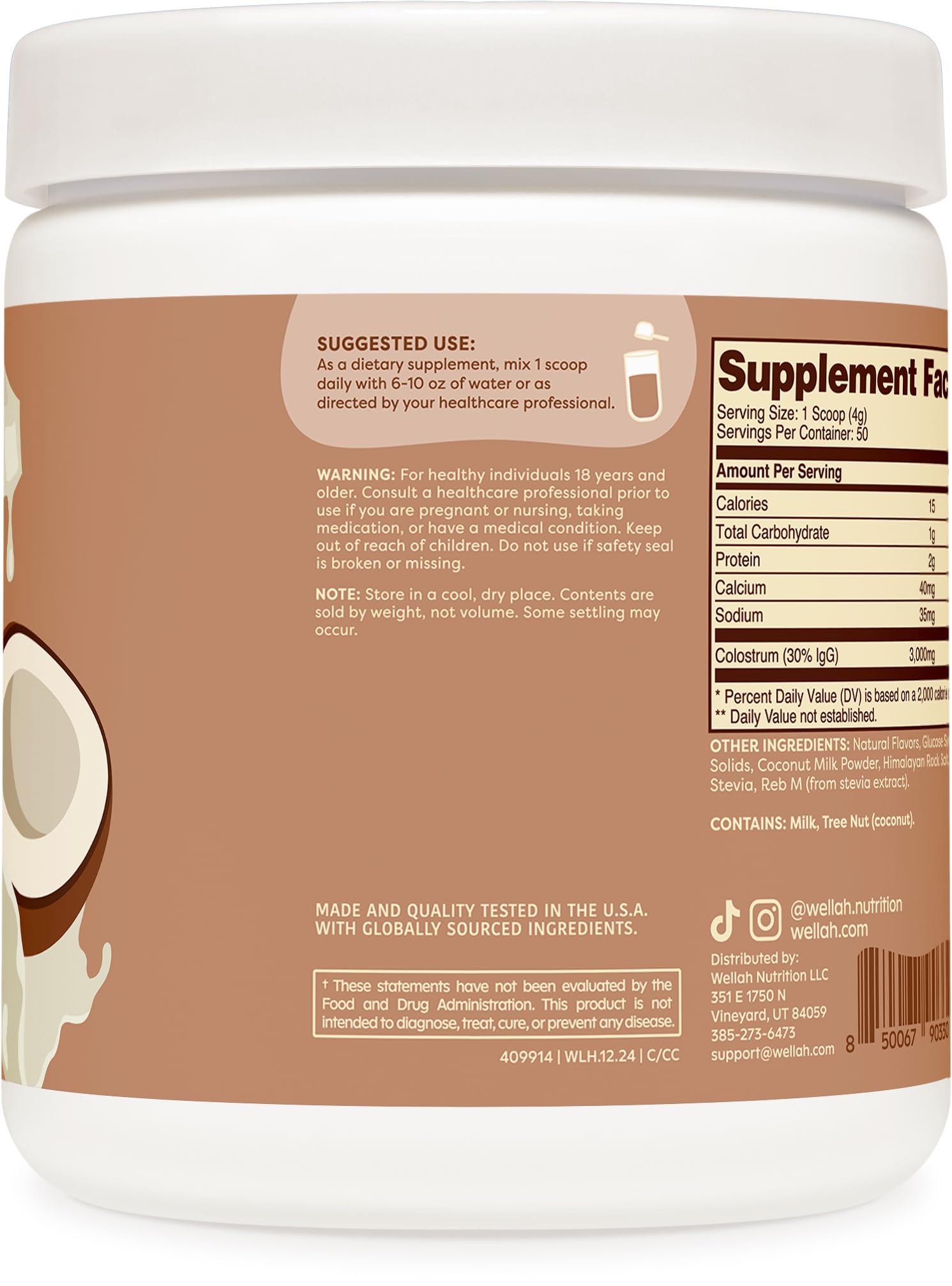 Wellah Colostrum crema de coco, sabor, ideal para batidos cremosos.